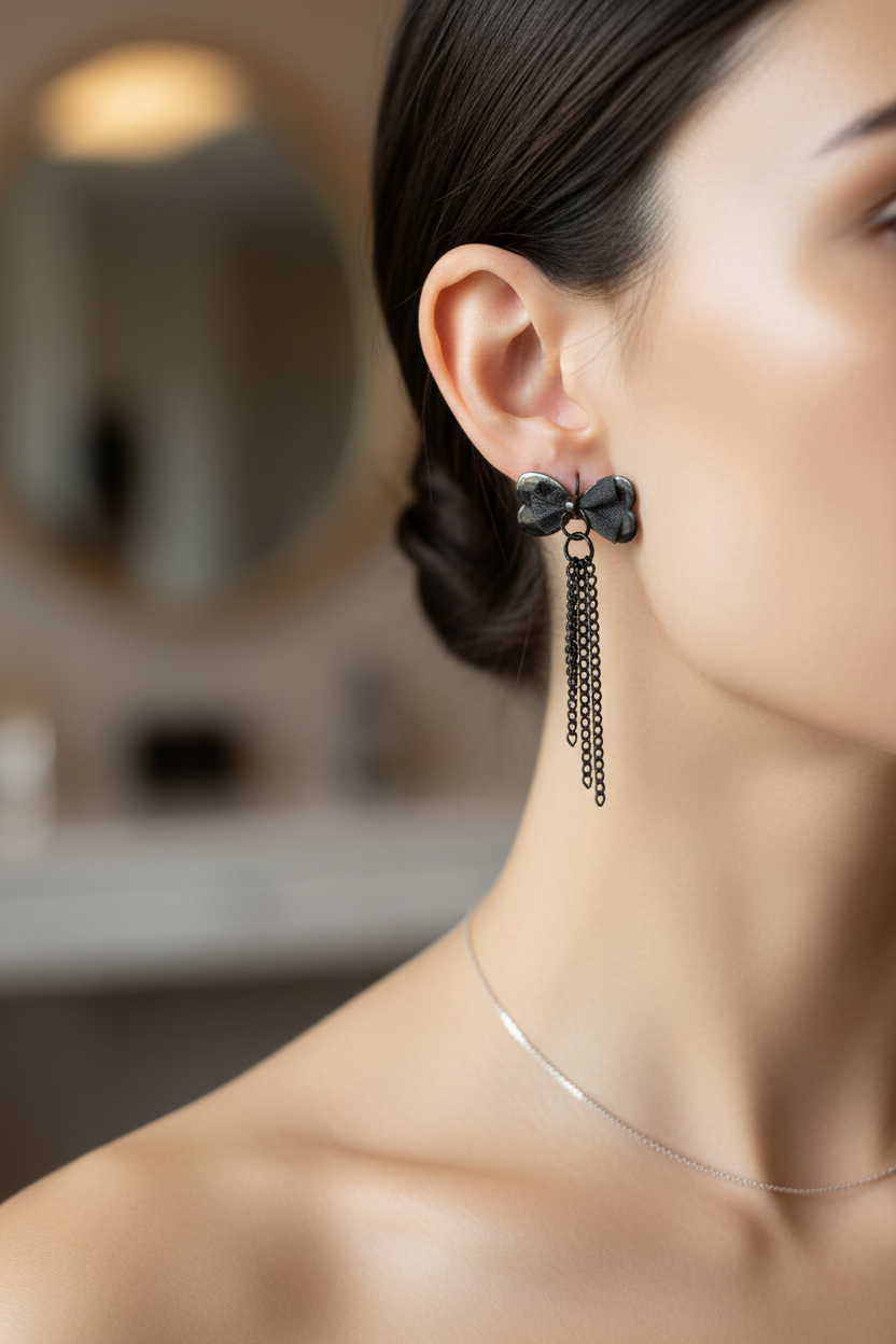 boucles d'oreilles vintage - neuf - y2k années 2000 - double noeud noir pampilles chaines - chic élégante pendante légère