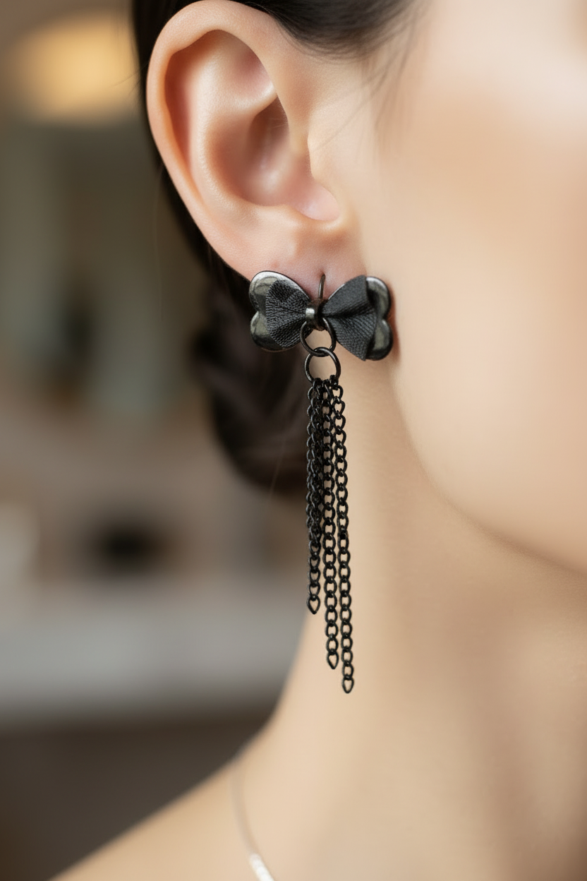 boucles d'oreilles vintage - neuf - y2k années 2000 - double noeud noir pampilles chaines - chic élégante pendante légère