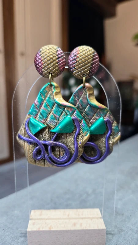 boucles d'oreilles vintage - vert violet doré - irisé texturé - effet croco serpent - rare - légères