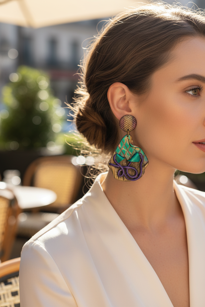 boucles d'oreilles vintage - vert violet doré - irisé texturé - effet croco serpent - rare - légères