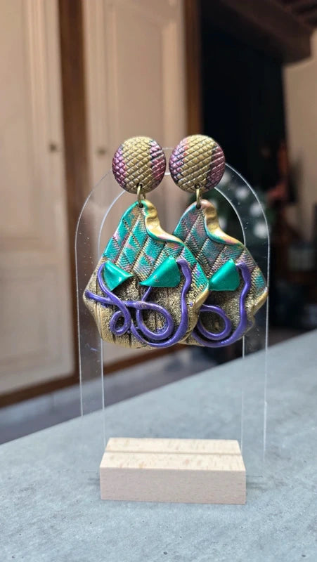 boucles d'oreilles vintage - vert violet doré - irisé texturé - effet croco serpent - rare - légères