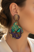 boucles d'oreilles vintage - vert violet doré - irisé texturé - effet croco serpent - rare - légères