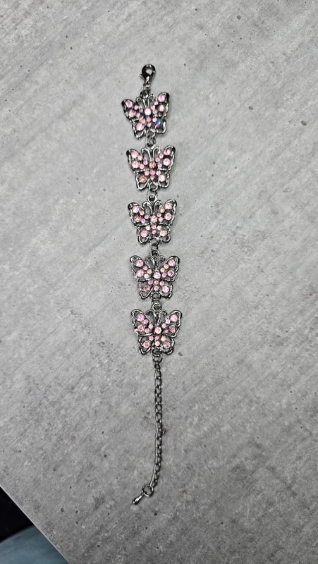 bracelet vintage - neuf - papillons roses pierre strass rose brillant - argenté - femme fille élégant chic
