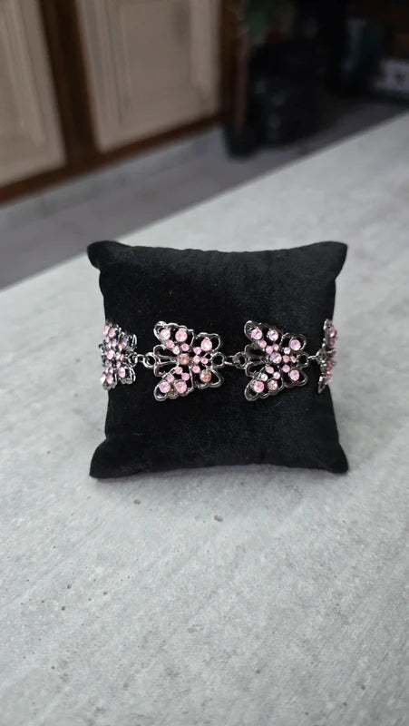 bracelet vintage - neuf - papillons roses pierre strass rose brillant - argenté - femme fille élégant chic