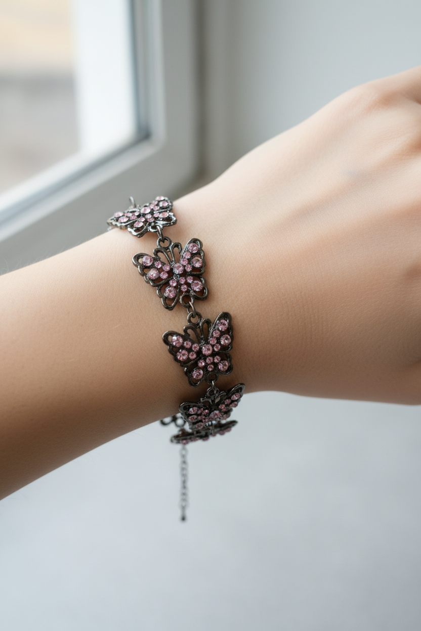 bracelet vintage - neuf - papillons roses pierre strass rose brillant - argenté - femme fille élégant chic