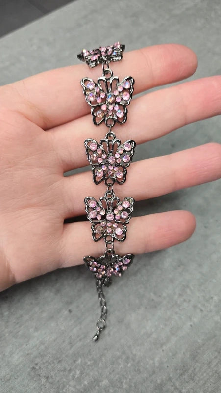 bracelet vintage - neuf - papillons roses pierre strass rose brillant - argenté - femme fille élégant chic