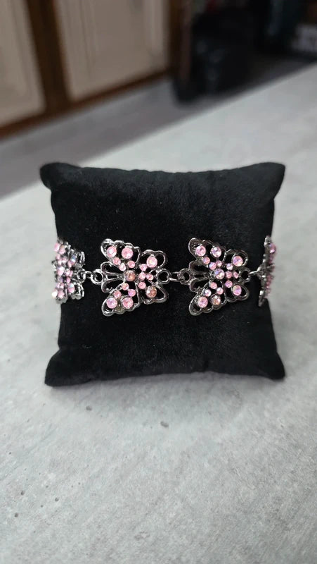 bracelet vintage - neuf - papillons roses pierre strass rose brillant - argenté - femme fille élégant chic