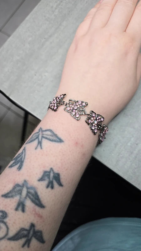 bracelet vintage - neuf - papillons roses pierre strass rose brillant - argenté - femme fille élégant chic