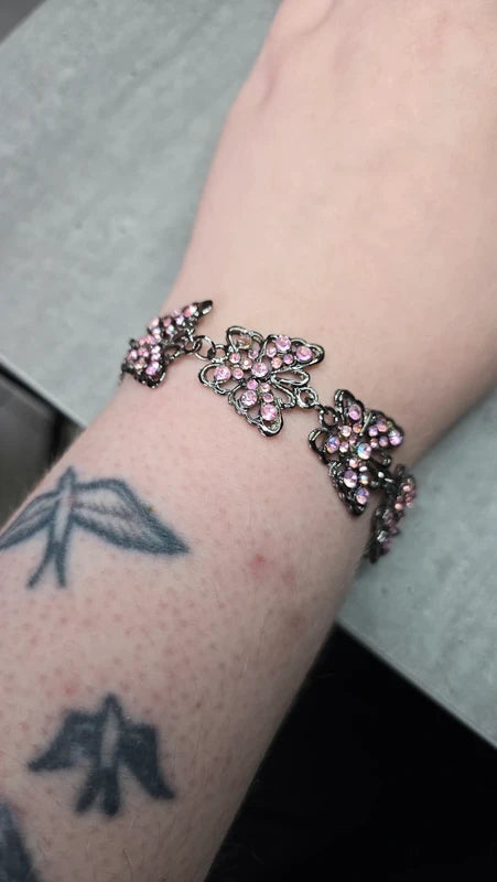 bracelet vintage - neuf - papillons roses pierre strass rose brillant - argenté - femme fille élégant chic