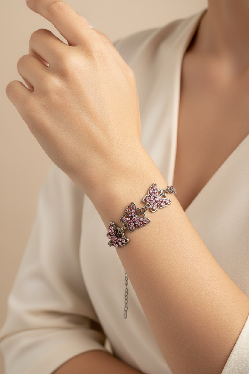 bracelet vintage - neuf - papillons roses pierre strass rose brillant - argenté - femme fille élégant chic