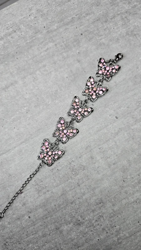 bracelet vintage - neuf - papillons roses pierre strass rose brillant - argenté - femme fille élégant chic