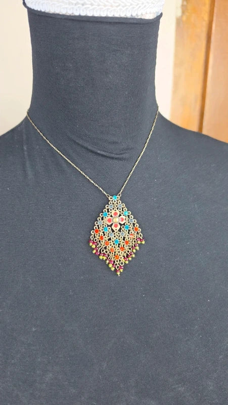 collier vintage helene dubin pendentif maille doré perles strass multicolore chic