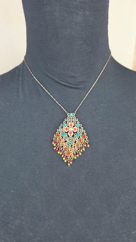 collier vintage helene dubin pendentif maille doré perles strass multicolore chic