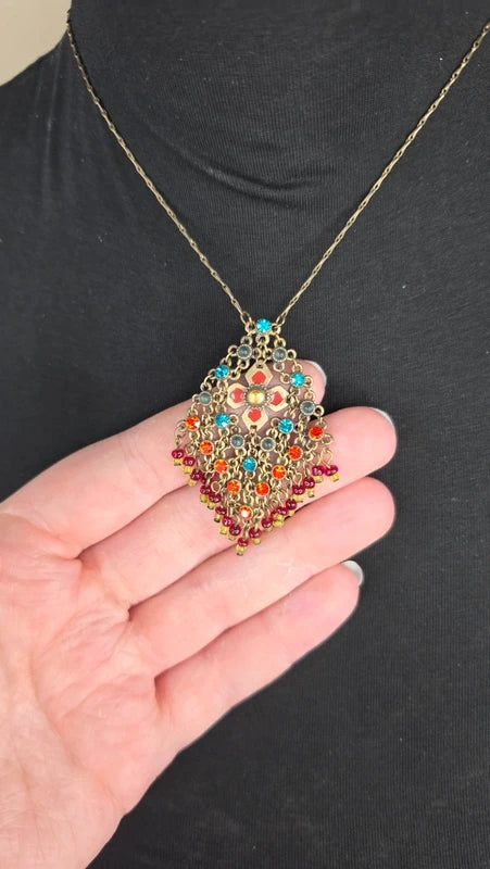 collier vintage helene dubin pendentif maille doré perles strass multicolore chic