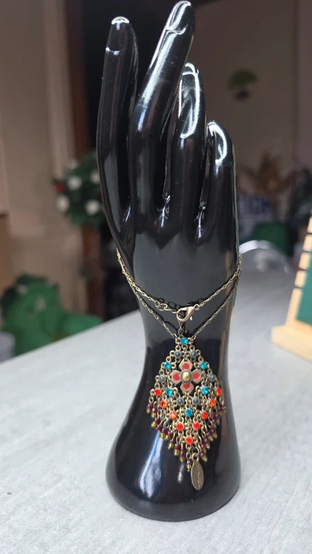 collier vintage helene dubin pendentif maille doré perles strass multicolore chic