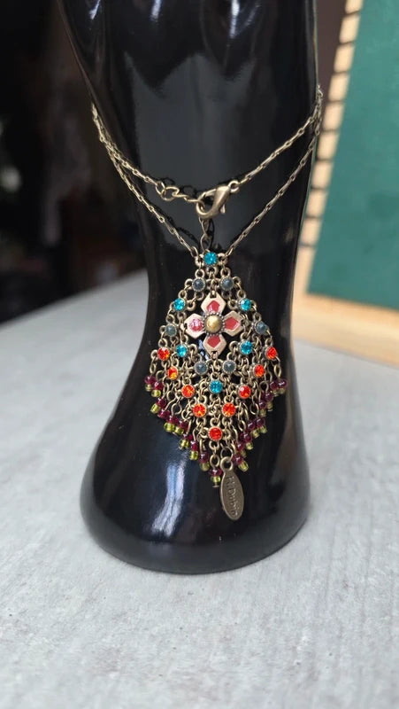 collier vintage helene dubin pendentif maille doré perles strass multicolore chic