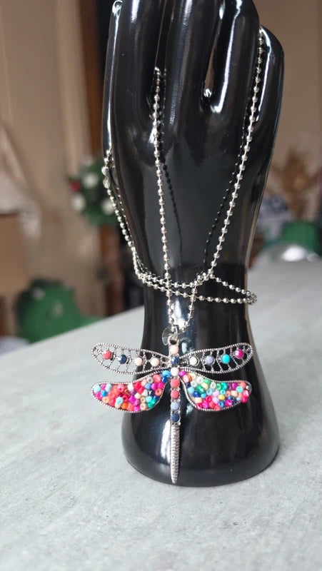 collier sautoir vintage papillon libellule perles multicolore argenté ajouré pierre