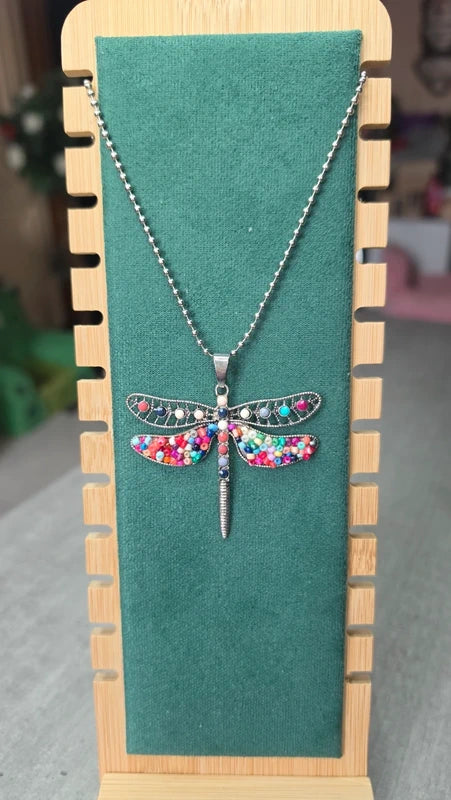 collier sautoir vintage papillon libellule perles multicolore argenté ajouré pierre