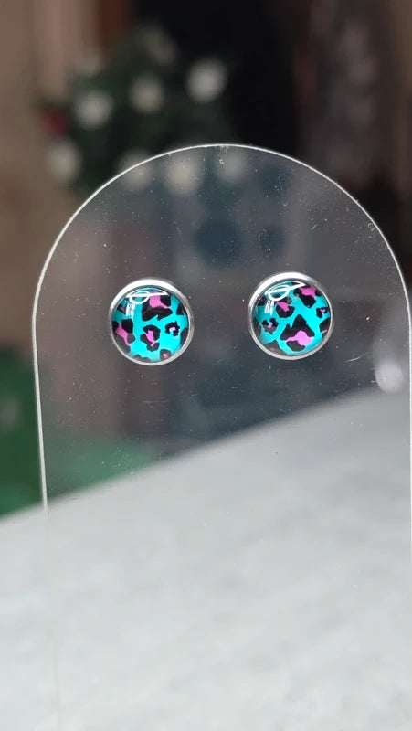 boucles d'oreilles rondes motif léopard turquoise noir rose fuchsia -  tendance