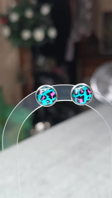 boucles d'oreilles rondes motif léopard turquoise noir rose fuchsia -  tendance