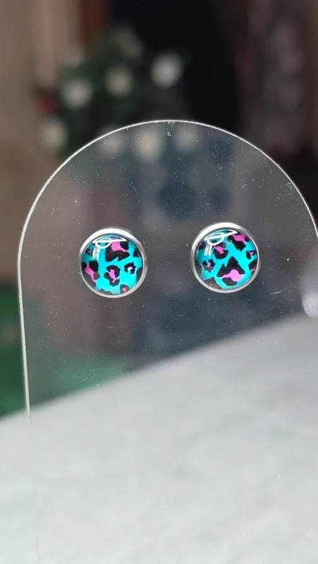 boucles d'oreilles rondes motif léopard turquoise noir rose fuchsia -  tendance