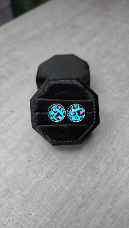 boucles d'oreilles rondes motif léopard turquoise noir rose fuchsia -  tendance