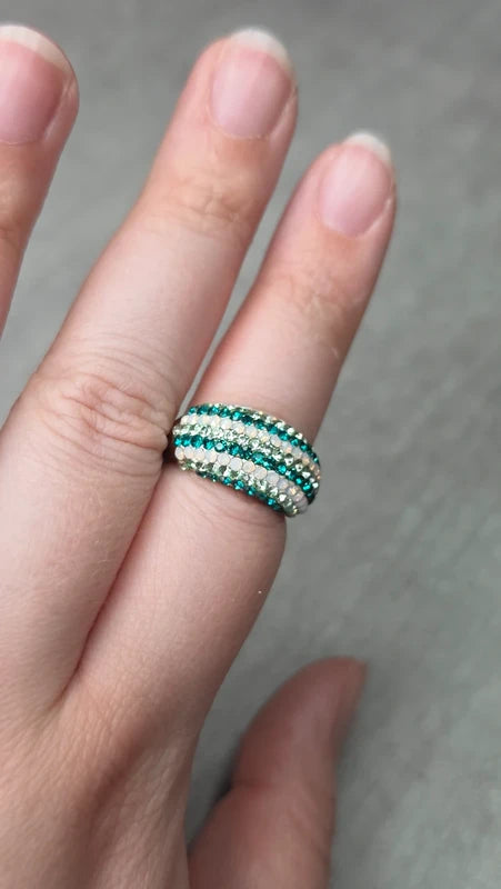 bague vintage dôme strass brillant blanc argenté bleu turquoise