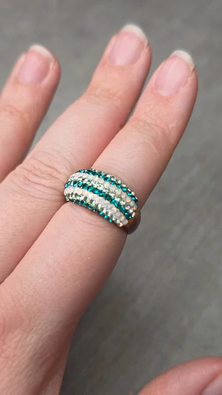 bague vintage dôme strass brillant blanc argenté bleu turquoise