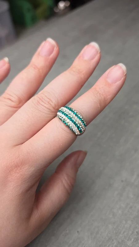 bague vintage dôme strass brillant blanc argenté bleu turquoise
