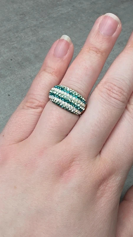 bague vintage dôme strass brillant blanc argenté bleu turquoise