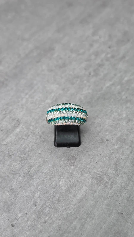 bague vintage dôme strass brillant blanc argenté bleu turquoise