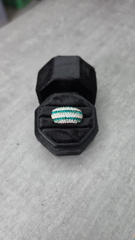 bague vintage dôme strass brillant blanc argenté bleu turquoise