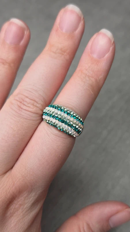 bague vintage dôme strass brillant blanc argenté bleu turquoise