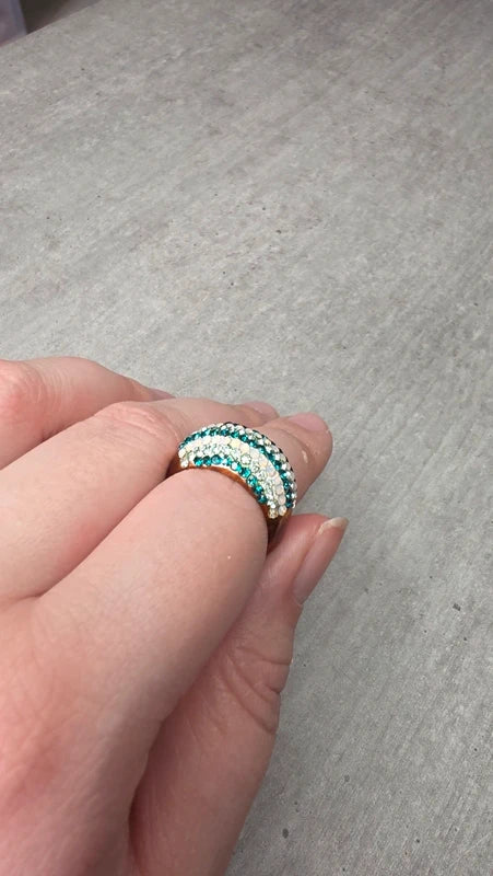 bague vintage dôme strass brillant blanc argenté bleu turquoise