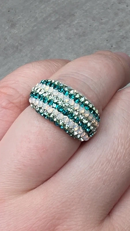 bague vintage dôme strass brillant blanc argenté bleu turquoise
