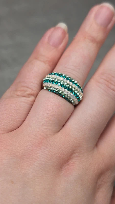 bague vintage dôme strass brillant blanc argenté bleu turquoise