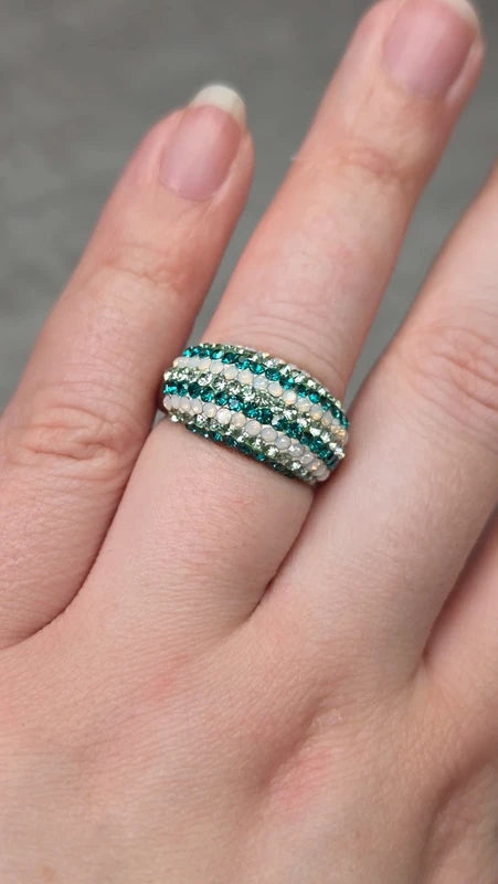 bague vintage dôme strass brillant blanc argenté bleu turquoise
