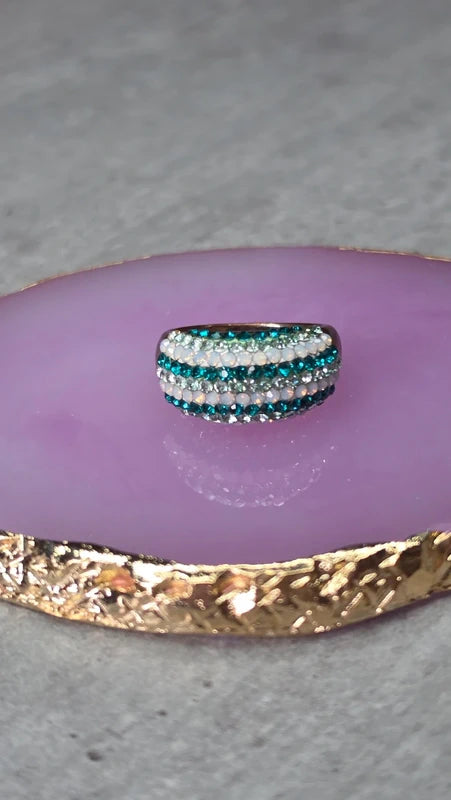 bague vintage dôme strass brillant blanc argenté bleu turquoise