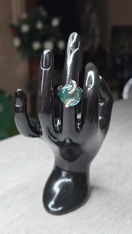 bague argenté vintage cabochon bleu clair effet miroir ajustable