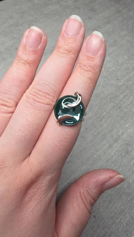 bague argenté vintage cabochon bleu clair effet miroir ajustable