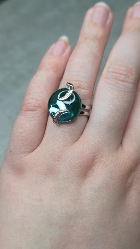 bague argenté vintage cabochon bleu clair effet miroir ajustable