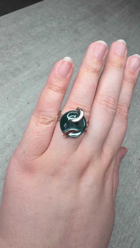 bague argenté vintage cabochon bleu clair effet miroir ajustable