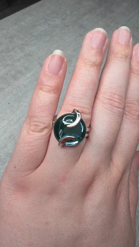 bague argenté vintage cabochon bleu clair effet miroir ajustable