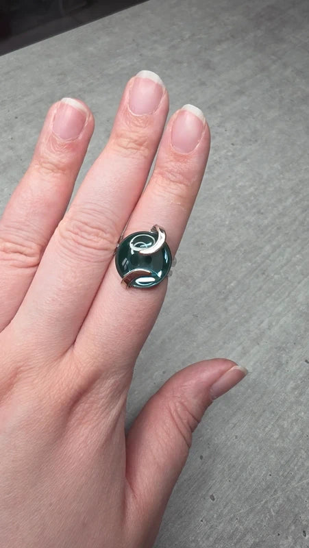 bague argenté vintage cabochon bleu clair effet miroir ajustable