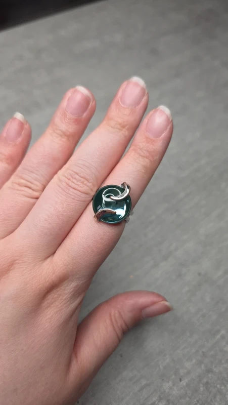 bague argenté vintage cabochon bleu clair effet miroir ajustable