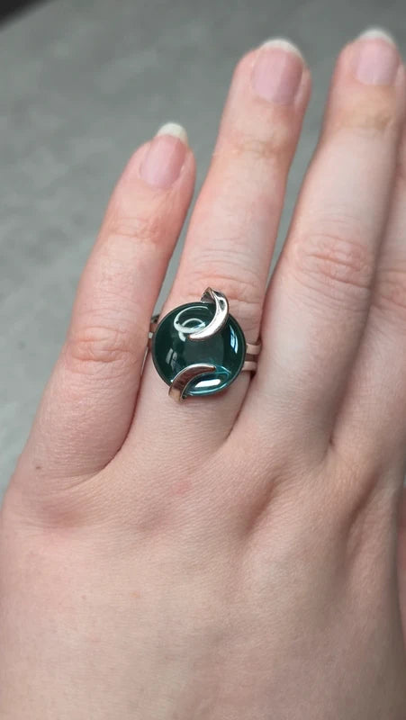 bague argenté vintage cabochon bleu clair effet miroir ajustable
