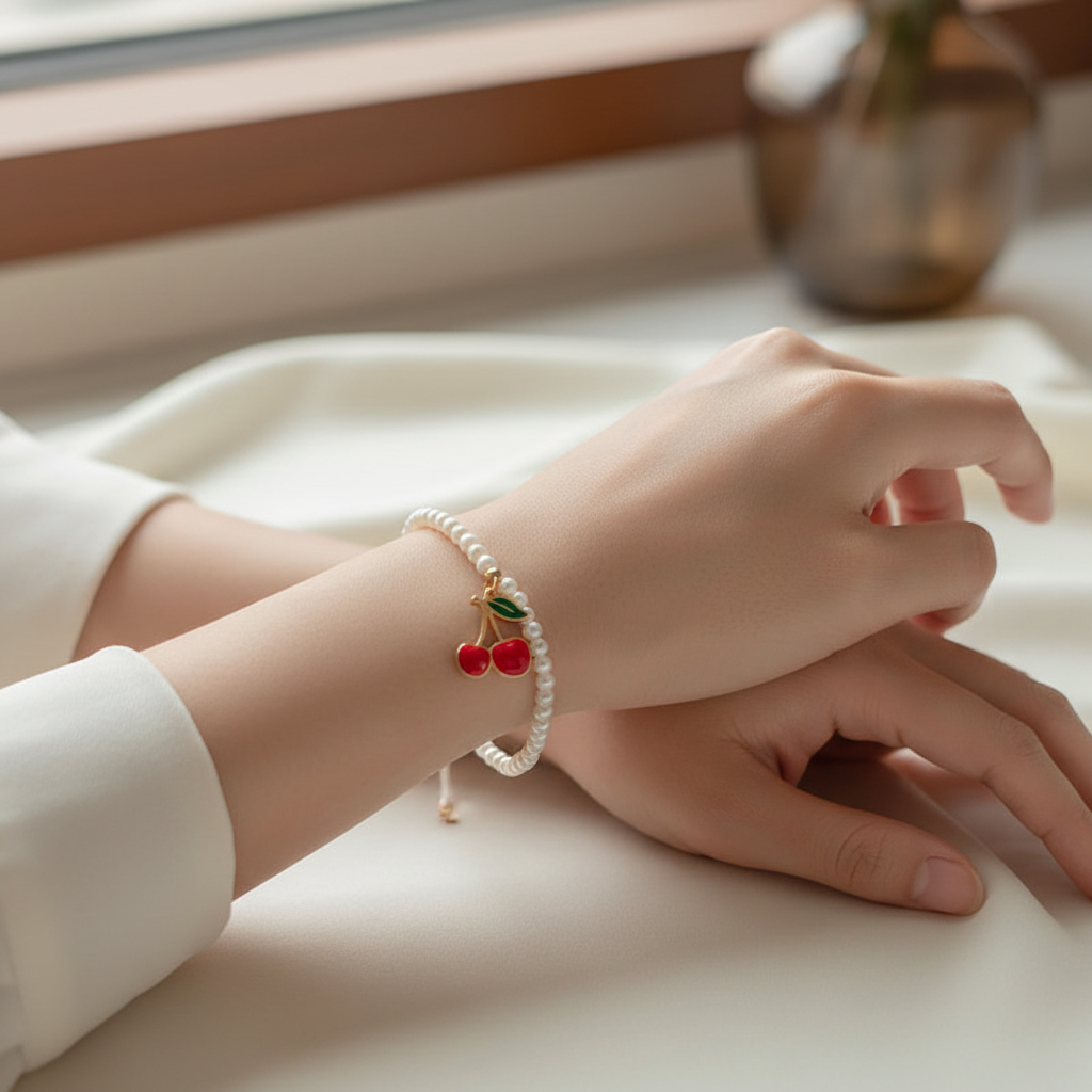 bracelet perles blanc nacré charms breloque cerise rouge tendance ajustable