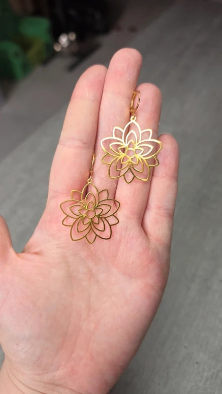 boucles d'oreilles dormeuse pendentif fleur doré ajouré effet mandala