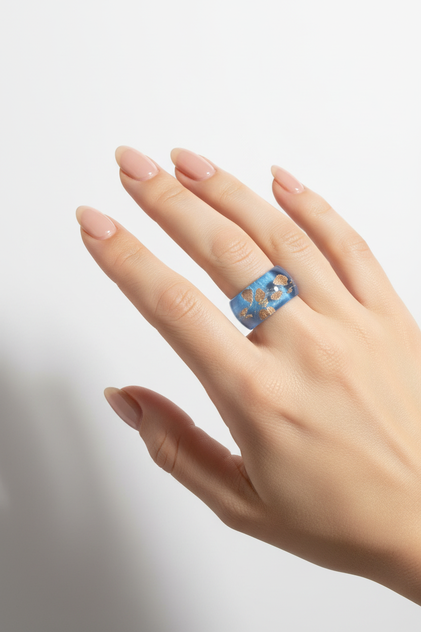 bague en verre soufflé - bleu translucide et paillette cuivrées