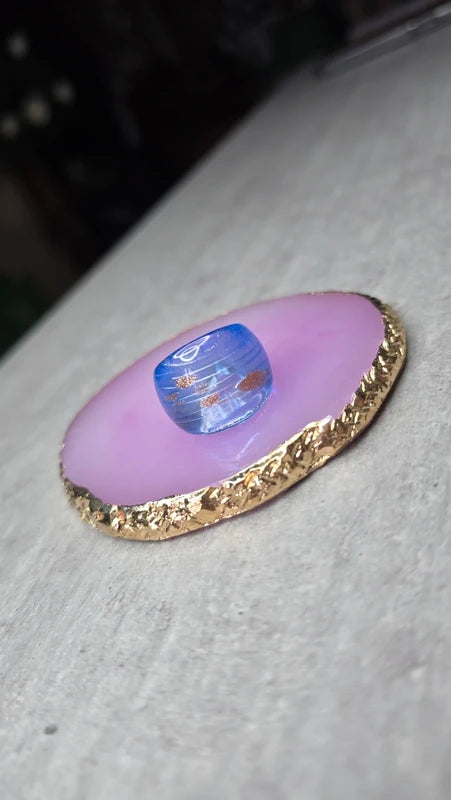 bague en verre soufflé - bleu translucide et paillette cuivrées